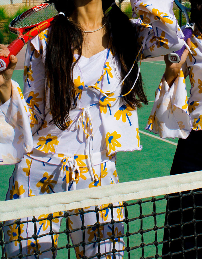 Sunflower Pajama Set,Cozy Sleepwear,Limited Edition,Upcycled Fabric,Sustainable Fashion,Breathable Material,Purple Overlock Stitch,Coordinated Set,Stylish Comfort,Sleepover Matching,Besties' Fashion,Sale Offer,Dubai Fashion,Comfortable Loungewear,Errands-Ready,Sustainable Style,Trendy Sleepwear,Limited-Time Deal,Relaxation Mode,Cozy and Stylish