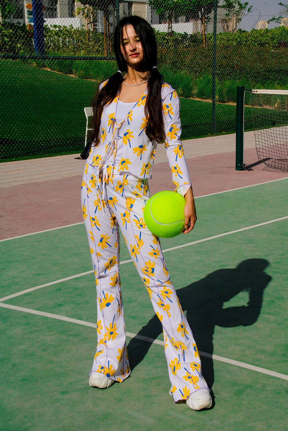 Sunflower Pajama Set,Cozy Sleepwear,Limited Edition,Upcycled Fabric,Sustainable Fashion,Breathable Material,Purple Overlock Stitch,Coordinated Set,Stylish Comfort,Sleepover Matching,Besties' Fashion,Sale Offer,Dubai Fashion,Comfortable Loungewear,Errands-Ready,Sustainable Style,Trendy Sleepwear,Limited-Time Deal,Relaxation Mode,Cozy and Stylish