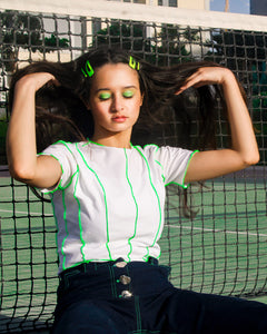 Botany Top, Pre-Spring Collection, Upcycled Fabric, Reusable Material,upcycle Defective Stock, Breathable Cotton, Neon Green Overlock Stitch, 100% cotton,leisure Wear,Homegrown Label,UAE-Based, Daily Wardrobe,Worldwide Shipping,Sustainable Fashion,Eco-Friendly Choice Reimagined Fabric, Eco-Conscious Style, Crop Top, Ethical Clothing, Green Fashion,