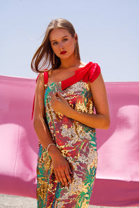 Prismatic Sequins Dress,Festive Luxury,Doppelganger Design,Glamorous Attire,Slip Dress,Long Sleeve Top,Eid Celebration,Birthday Dinner,Versatile Styling,Festive Looks,Touch of Elegance,UAE Shipping, Red ribbon ties,Affordable Shipping,AED 15 Shipping,Special Occasion Dress,Sparkling Glamour,Luxury WEAR,Festive Fashion