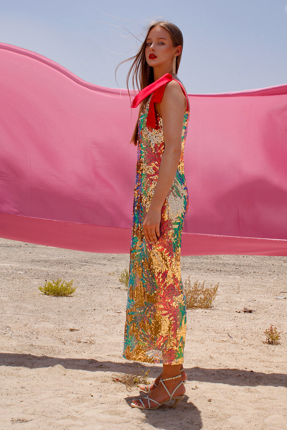 Prismatic Sequins Dress,Festive Luxury,Doppelganger Design,Glamorous Attire,Slip Dress,Long Sleeve Top,Eid Celebration,Birthday Dinner,Versatile Styling,Festive Looks,Touch of Elegance,UAE Shipping, Red ribbon ties,Affordable Shipping,AED 15 Shipping,Special Occasion Dress,Sparkling Glamour,Luxury WEAR,Festive Fashion