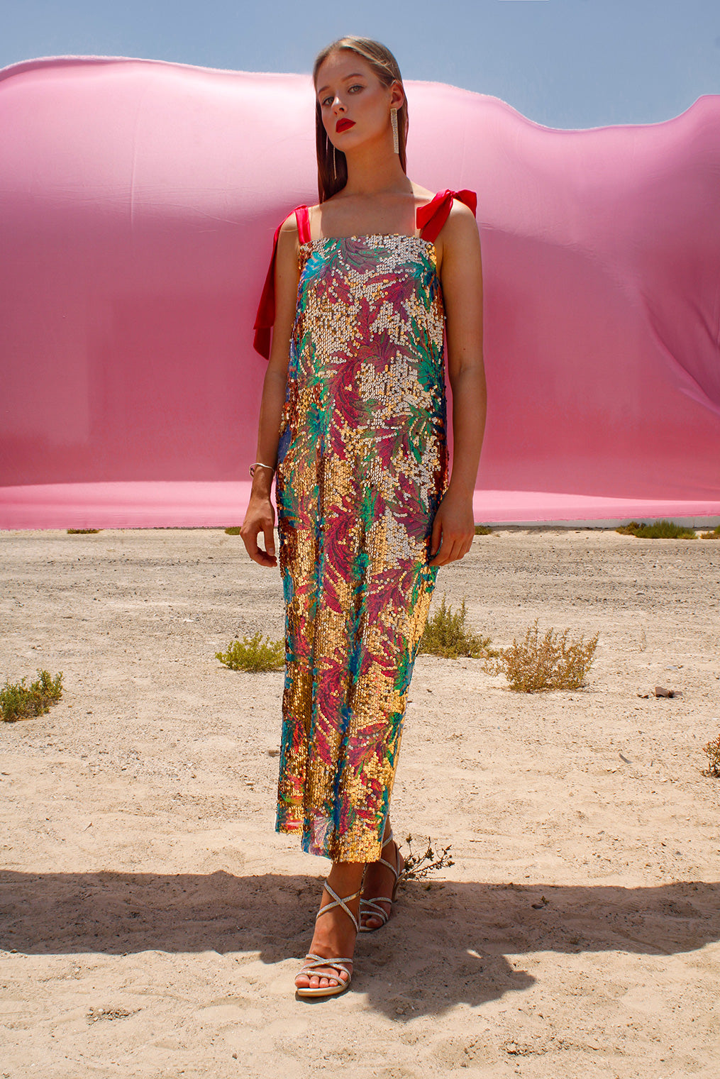 Prismatic Sequins Dress,Festive Luxury,Doppelganger Design,Glamorous Attire,Slip Dress,Long Sleeve Top,Eid Celebration,Birthday Dinner,Versatile Styling,Festive Looks,Touch of Elegance,UAE Shipping, Red ribbon ties,Affordable Shipping,AED 15 Shipping,Special Occasion Dress,Sparkling Glamour,Luxury WEAR,Festive Fashion