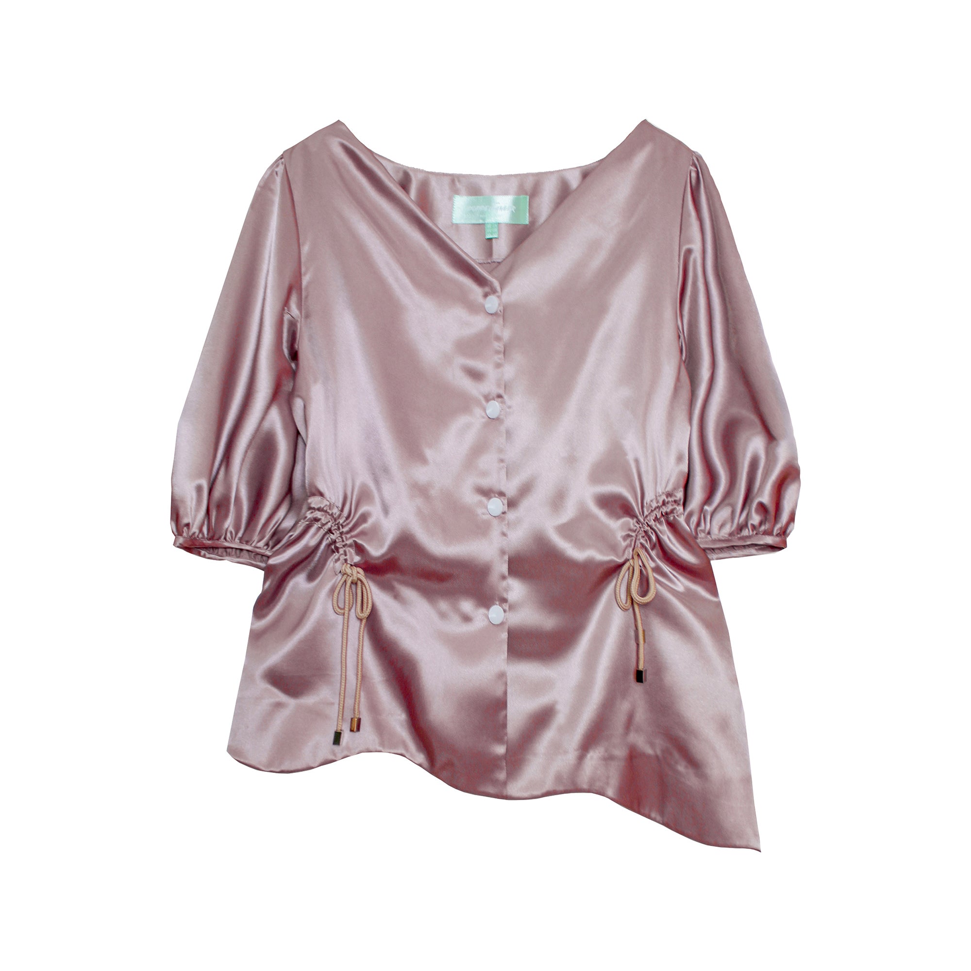 Gardenia Blouse,Botanical Garden Collection,Mauvy Pink Color,Adjustable Waist,Drawstrings,Asymmetrical Hemline,Button Closure,Soft and Silky Fabric,Casual Chic,Special Gathering,Summer Fashion,Stylish Design,Versatile Wear,Worldwide Shipping,UAE-Based Shipping,Doppelganger Design,Elegant Blouse, Comfortable Elegance,On-Trend Style