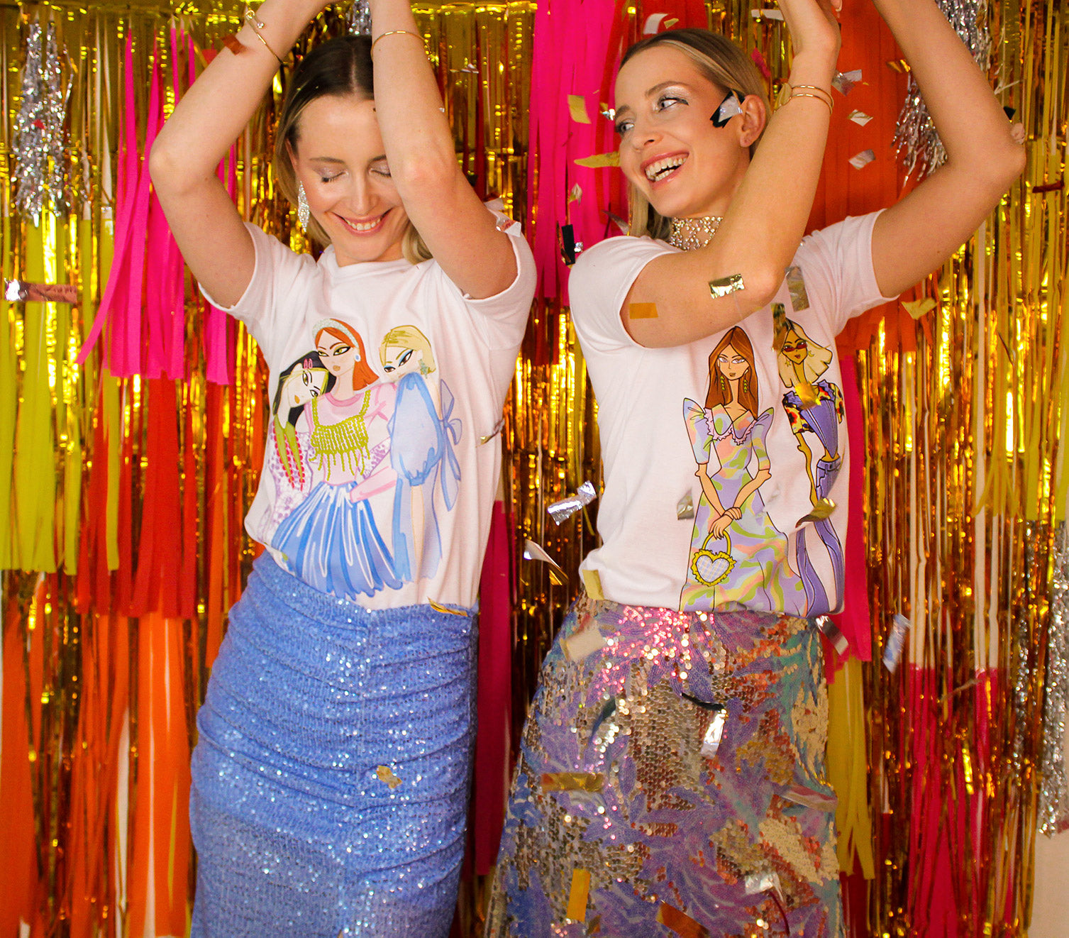Sisterhood T-Shirt,Colorful Digital Artwork,Friendship Celebration,Embracing Differences,Stylish Outfits,Party outfit,100% Cotton Fabric,Dubai Fashion,Warm Climate Wear,UAE Style,Empowering Women,Women Supporting Women,Unique Design,Fun Night-Out Look,Sequin Skirt Pairing,Friendship Bonds,Evening wear ,Shop Now in UAE,Festive wear, confetti, birthday party
