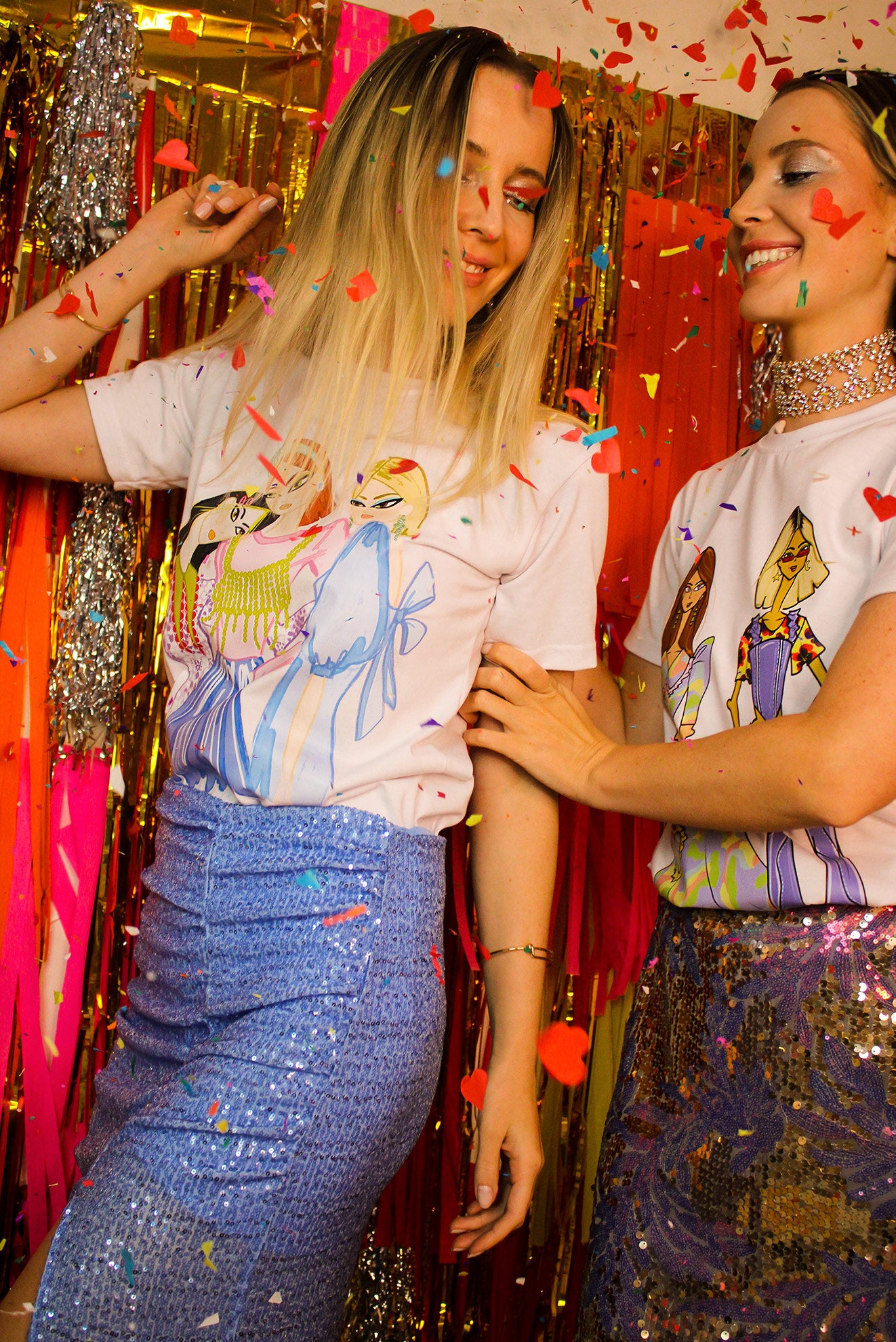Sisterhood T-Shirt,Colorful Digital Artwork,Friendship Celebration,Embracing Differences,Stylish Outfits,Party outfit,100% Cotton Fabric,Dubai Fashion,Warm Climate Wear,UAE Style,Empowering Women,Women Supporting Women,Unique Design,Fun Night-Out Look,Sequin Skirt Pairing,Friendship Bonds,Evening wear ,Shop Now in UAE,Festive wear, confetti, birthday party