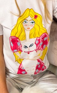 Duchess T-Shirt,Stunning Illustration,Beachy Blonde Curls,Hot Pink Dress,Persian White Cat,Heart-Shaped Collar,Dress Up Casual Jeans,100% Cotton Fabric,Lightweight Summer Wear,Cat Lover's Delight,Adorned by Cat Lovers,Sizes XS to XXL,Fashionable Tee,Unique Artwork,Stylish Look,Statement Piece,Versatile Fashion,UAE Fashion Trends,Instagram-Worthy Style,Fashionista's Must-Have,Summer Wardrobe Essential,Persian Cat Fashion