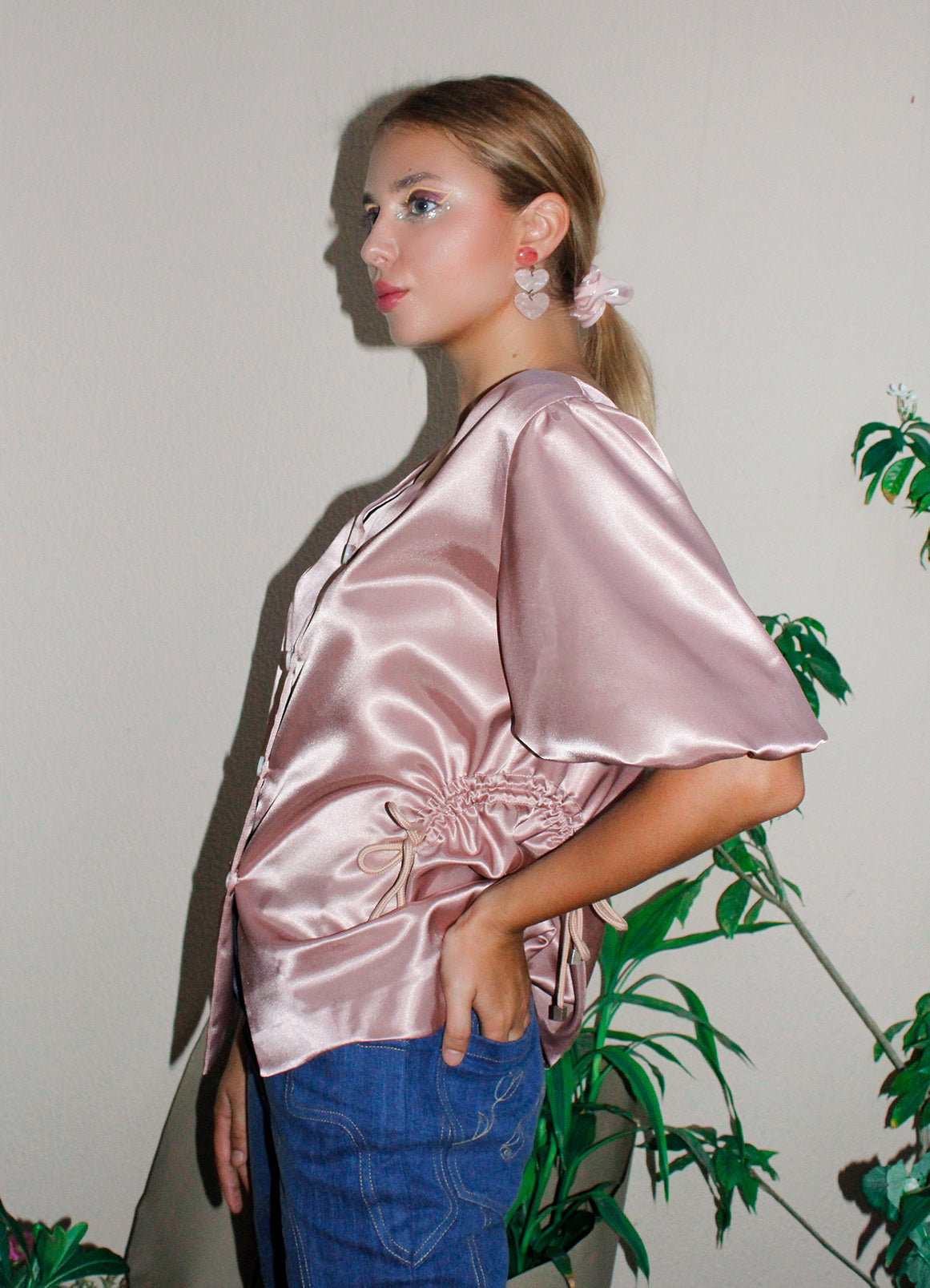 Gardenia Blouse,Botanical Garden Collection,Mauvy Pink Color,Adjustable Waist,Drawstrings,Asymmetrical Hemline,Button Closure,Soft and Silky Fabric,Casual Chic,Special Gathering,Summer Fashion,Stylish Design,Versatile Wear,Worldwide Shipping,UAE-Based Shipping,Doppelganger Design,Elegant Blouse, Comfortable Elegance,On-Trend Style