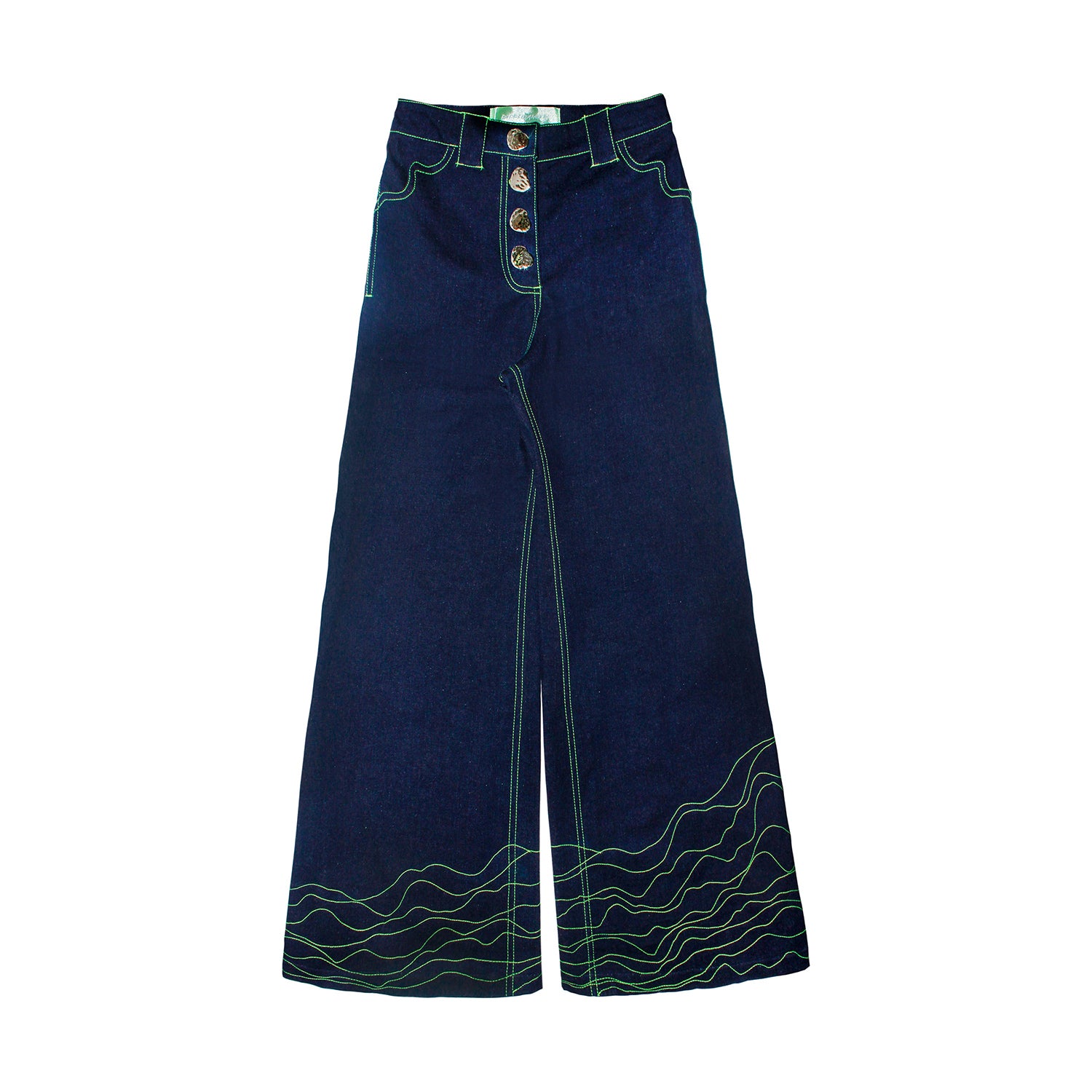 Uprooted Jeans,Doppelganger Denim,,Sustainable DenimUpcycled Denim,,Dead Stock Denim,Reduce Landfill Waste,Wide Leg Jeans,Large Silver Buttons,Tulip-Shaped Pockets,Neon Green Topstitching,Phone Pocket Design,Shop Local UAE,Shop Small,Sale on Uprooted Jeans,Eco-Friendly Denim,Ethical Fashion,Sustainable Clothing,UAE Fashion,Upcycled Fashion,Sustainable Fashion Sale