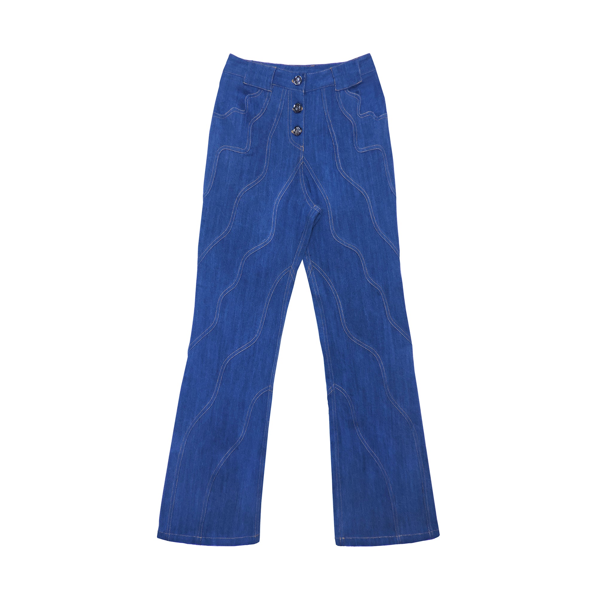 Waverly Jeans,Wave Seams,Floral Stitch Detail,High-Waisted Design,Boot-Leg Hemline,Upcycled Deadstock,Sustainable Fashion,Reducing Landfill Waste,Doppelganger Denim,Wardrobe StapleVersatile Styling,,Twinning Looks,Unique Seam Detailing,Eco-Friendly Jeans,Sustainable Style,Fashionable Denim,Button Closure,Back Pocket Embellishments,dubai fashion,functional,Pair of jeans