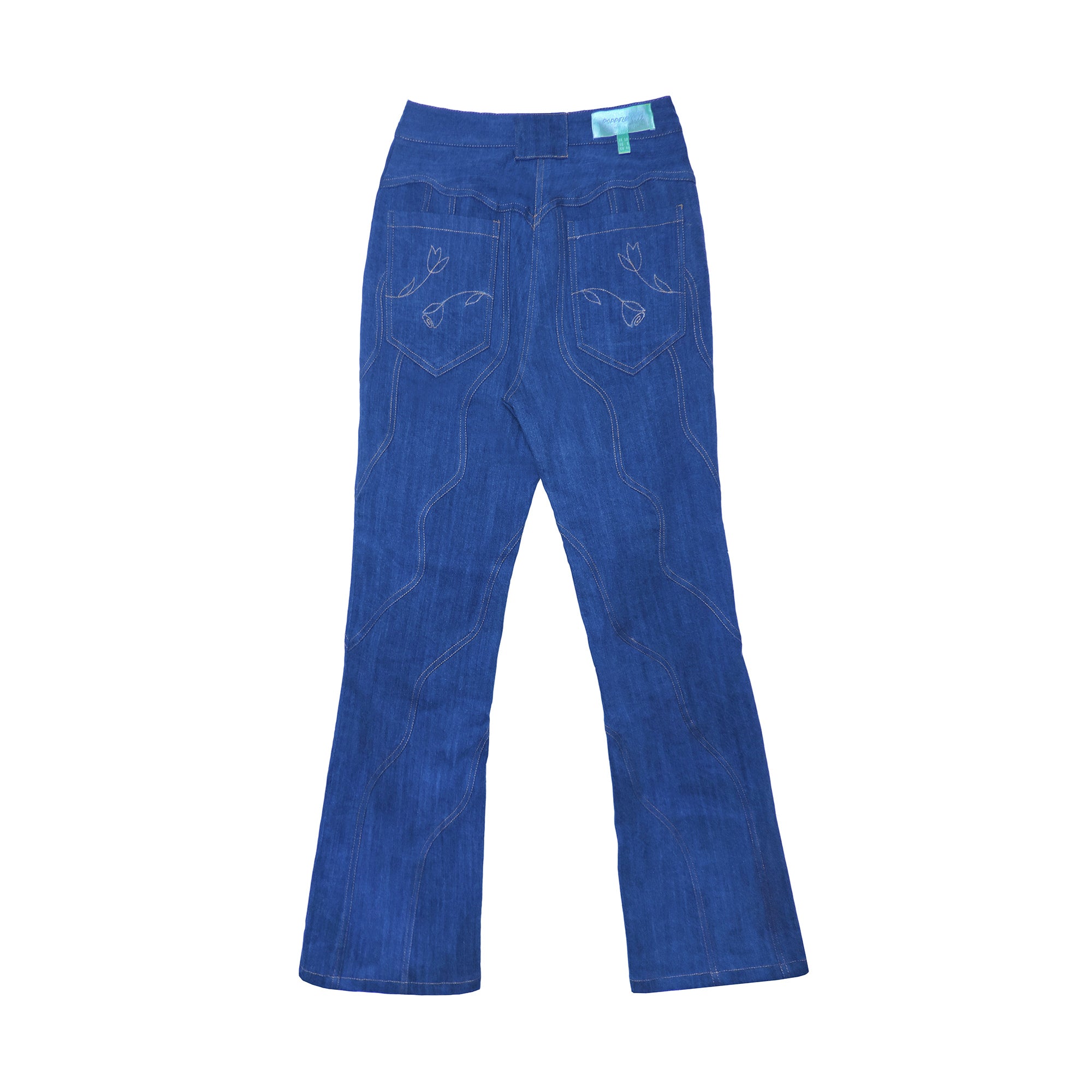 Waverly Jeans,Wave Seams,Floral Stitch Detail,High-Waisted Design,Boot-Leg Hemline,Upcycled Deadstock,Sustainable Fashion,Reducing Landfill Waste,Doppelganger Denim,Wardrobe StapleVersatile Styling,,Twinning Looks,Unique Seam Detailing,Eco-Friendly Jeans,Sustainable Style,Fashionable Denim,Button Closure,Back Pocket Embellishments,dubai fashion,functional,Pair of jeans