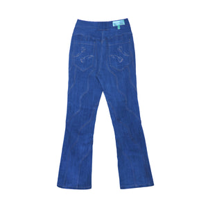 Waverly Jeans,Wave Seams,Floral Stitch Detail,High-Waisted Design,Boot-Leg Hemline,Upcycled Deadstock,Sustainable Fashion,Reducing Landfill Waste,Doppelganger Denim,Wardrobe StapleVersatile Styling,,Twinning Looks,Unique Seam Detailing,Eco-Friendly Jeans,Sustainable Style,Fashionable Denim,Button Closure,Back Pocket Embellishments,dubai fashion,functional,Pair of jeans