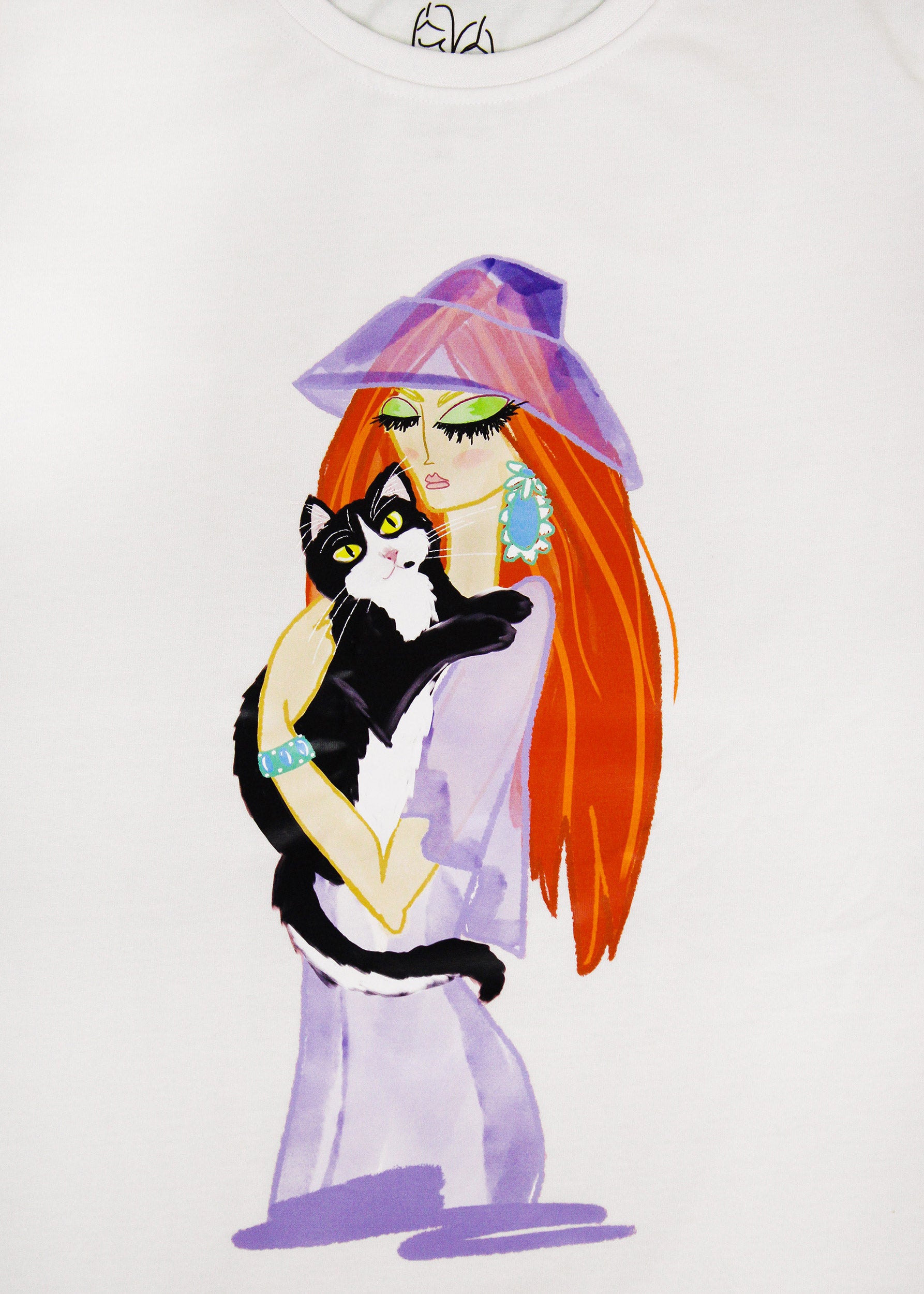 Daphne T-ShirtOffice Wear,Modest Fashion,Abaya-Friendly,Arabic Artwork,Exclusive Design,Cotton Fabric,Chic Woman Illustration,Turquoise Earrings,Tuxedo Cat Graphic,Lilac Outfit,Sunhat Design,Cat Lover's Choice,Traditional Meets Trendy,GCC Fashion,Pakistan Fashion,Indian Style,Arabian Influence,Elegant Workwear,Cross-Cultural Appeal