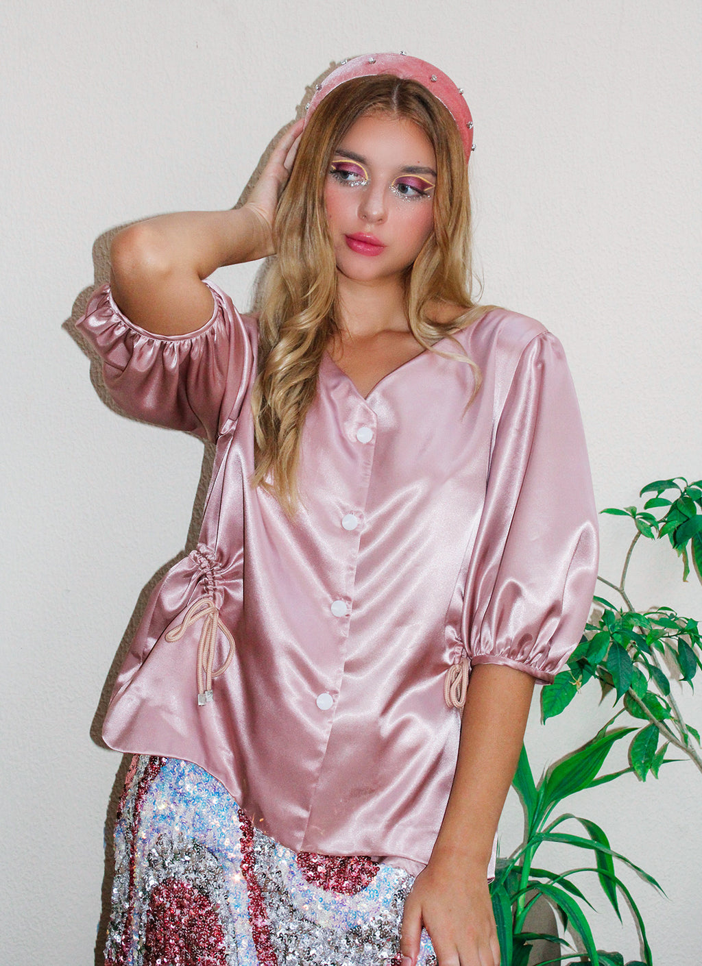 Gardenia Blouse,Botanical Garden Collection,Mauvy Pink Color,Adjustable Waist,Drawstrings,Asymmetrical Hemline,Button Closure,Soft and Silky Fabric,Casual Chic,Special Gathering,Summer Fashion,Stylish Design,Versatile Wear,Worldwide Shipping,UAE-Based Shipping,Doppelganger Design,Elegant Blouse, Comfortable Elegance,On-Trend Style