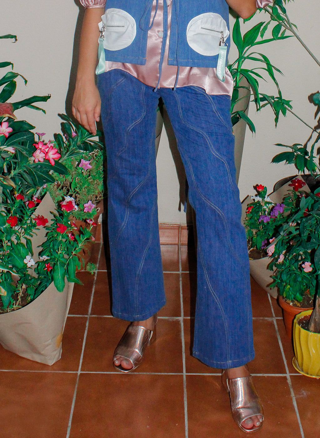 Waverly Jeans,Wave Seams,Floral Stitch Detail,High-Waisted Design,Boot-Leg Hemline,Upcycled Deadstock,Sustainable Fashion,Reducing Landfill Waste,Doppelganger Denim,Wardrobe StapleVersatile Styling,,Twinning Looks,Unique Seam Detailing,Eco-Friendly Jeans,Sustainable Style,Fashionable Denim,Button Closure,Back Pocket Embellishments,dubai fashion,functional,Pair of jeans