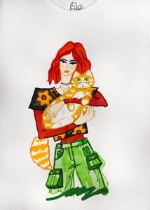 Raven T-Shirt,Bold and Confident,Youthful Redhead Girl,Orange Cat Illustration,Powerful Look,Badass Style,100% Cotton Comfort,Size-Inclusive,XS to XXL Sizes,Professional Attire,Black Power Suit,UAE Fashion,Trendy Outfit,Unique Artwork,Women's Empowerment,Stylish Statement Tee,Loyal Companion,Shop Now in UAE,Fashionable Choices,Expressive Fashion