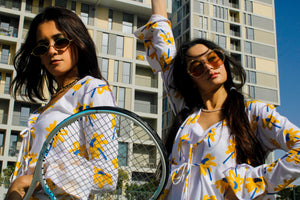 sunflower print, playful, leisure wear, upcycled